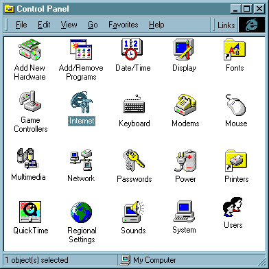 internet icon hilited in control panel