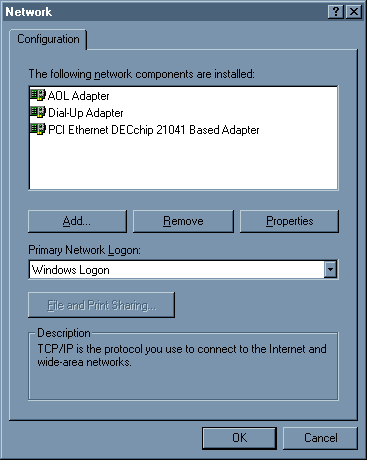 Network Control Panel showing adapters