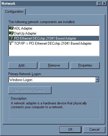 Network Control Panel showing TCP/IP protocol for DECchip 21041 PCI based 
adapter